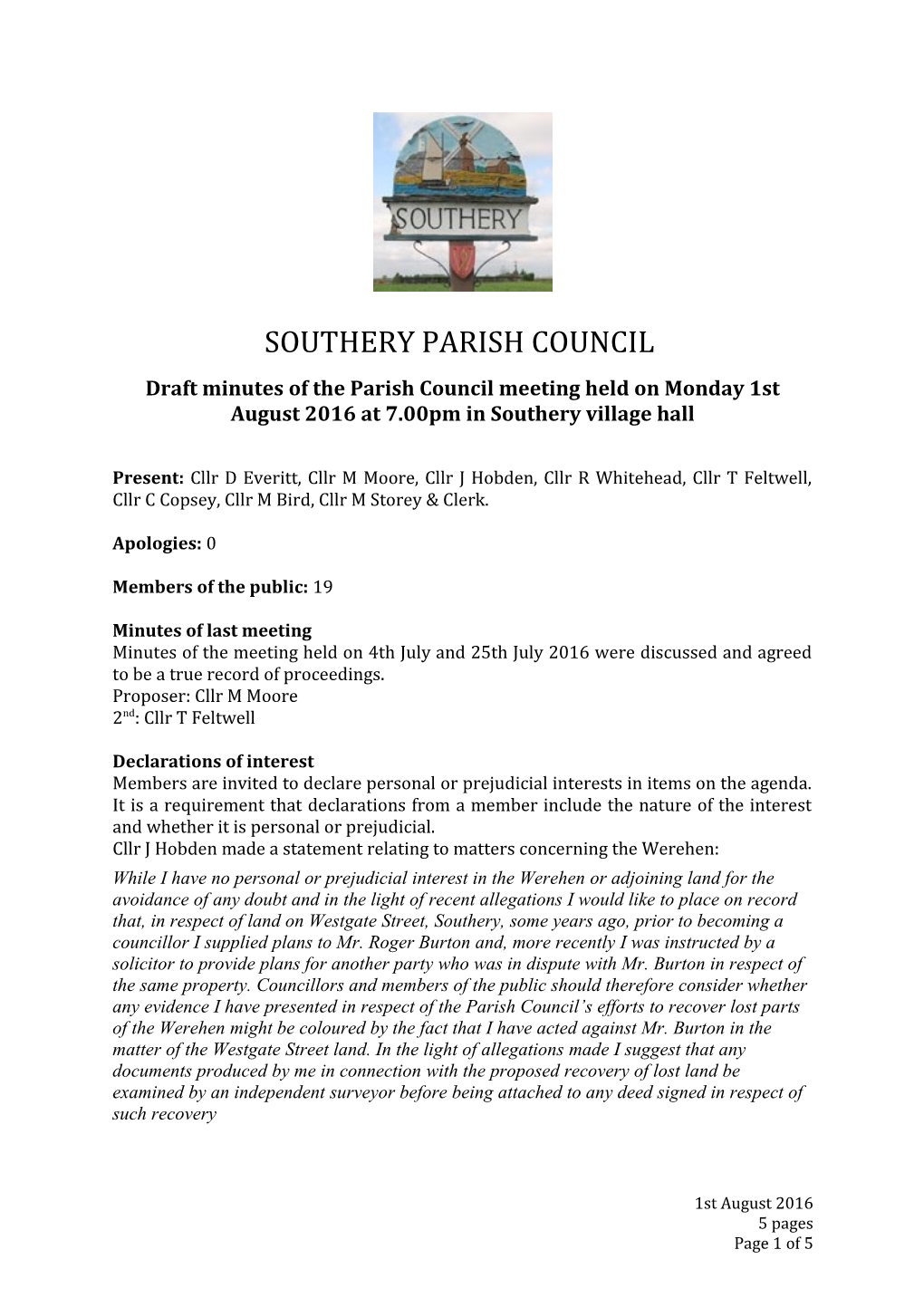 Draft Minutes of Theparish Council Meetingheld on Monday 1St August 2016 At7.00Pm in Southery