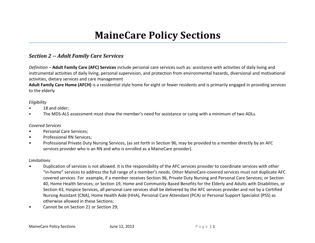Section 2 Adult Family Care Services