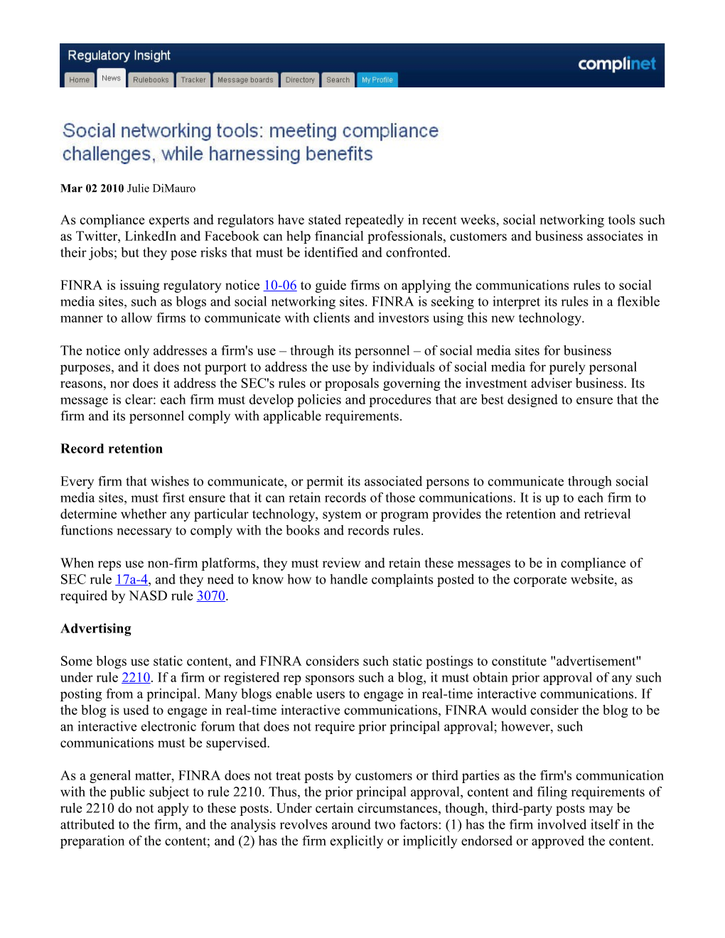 As Compliance Experts and Regulators Have Stated Repeatedly in Recent Weeks, Social Networking