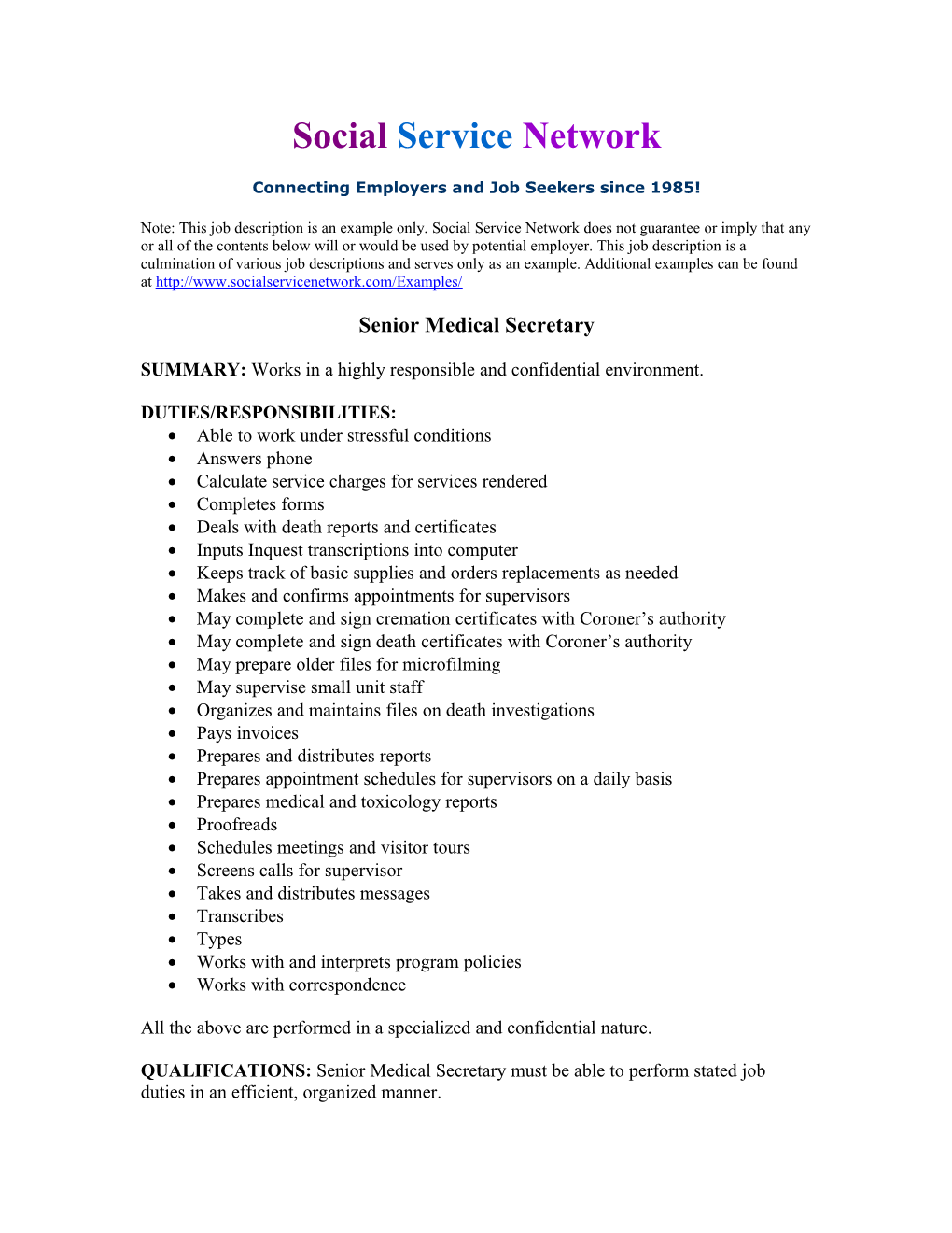 Senior Medical Secretary Sample Job Description Example