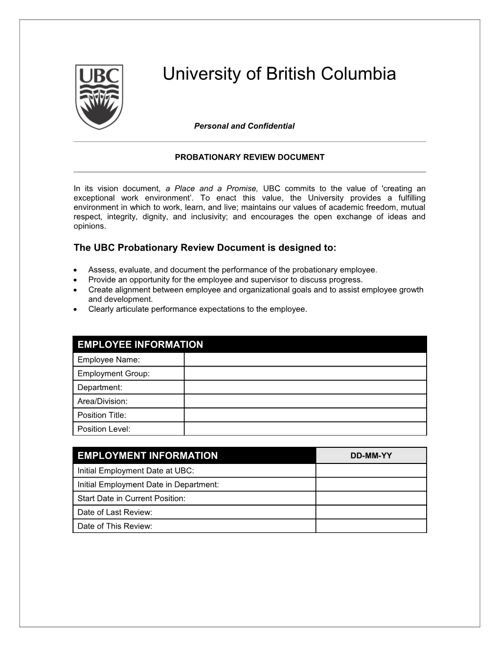 The Ubcprobationary Review Documentis Designed To