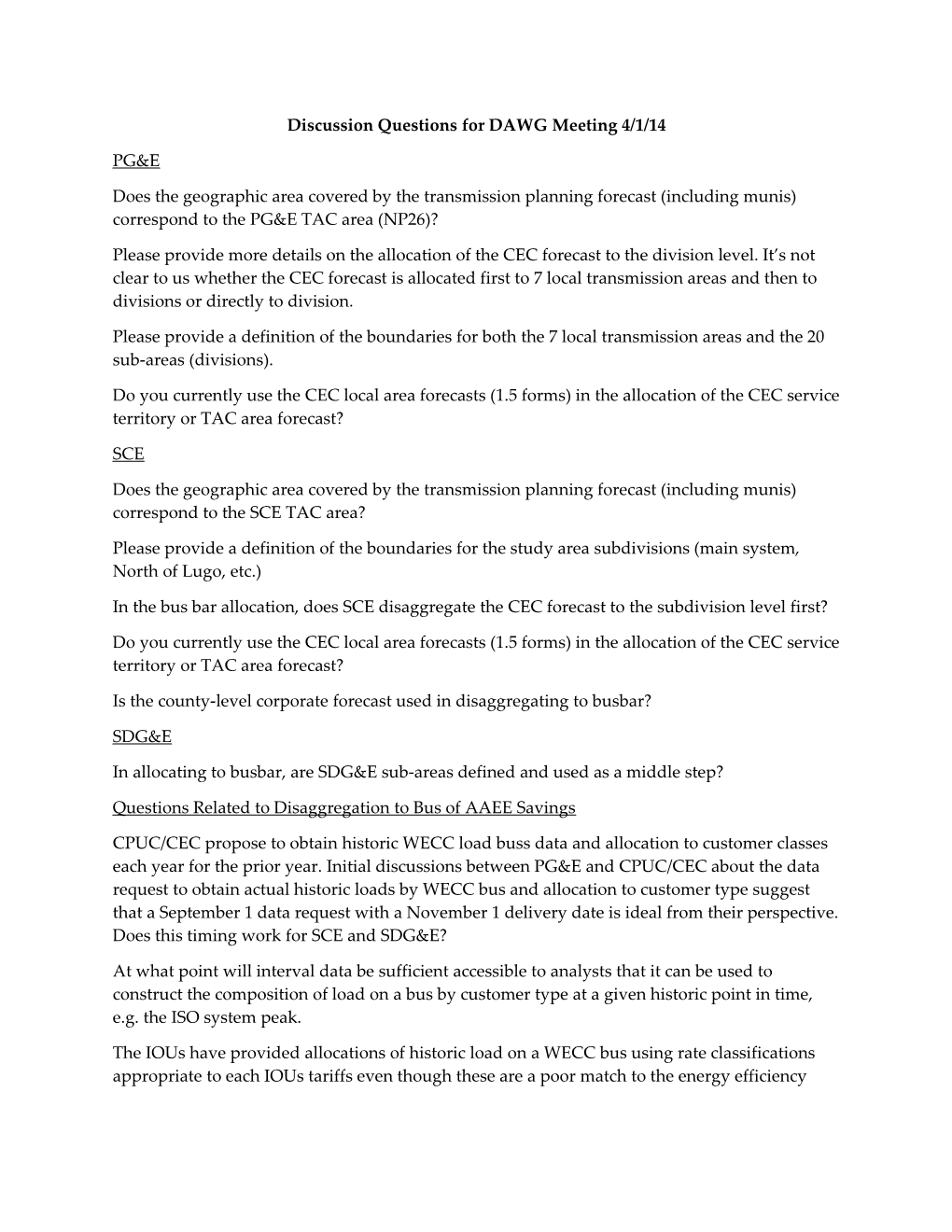 Discussion Questions for DAWG Meeting 4/1/14