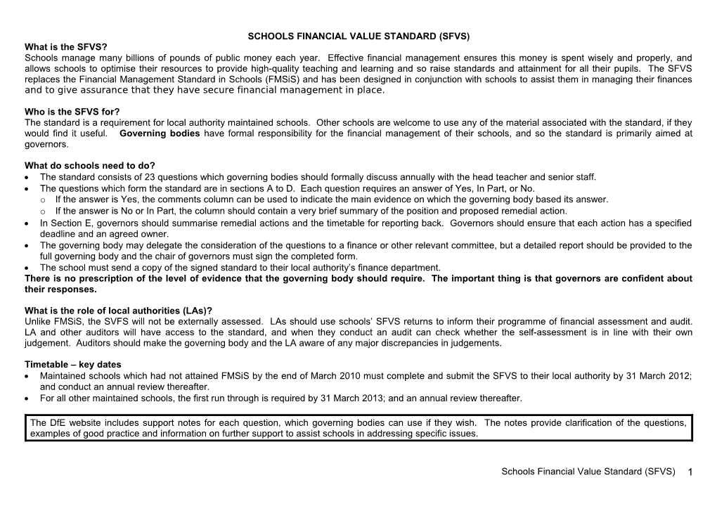 School Financial Values Standard - Key Points