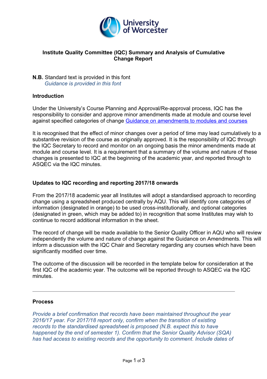 Institute Quality Committee (IQC)Summary and Analysis of Cumulative Changereport