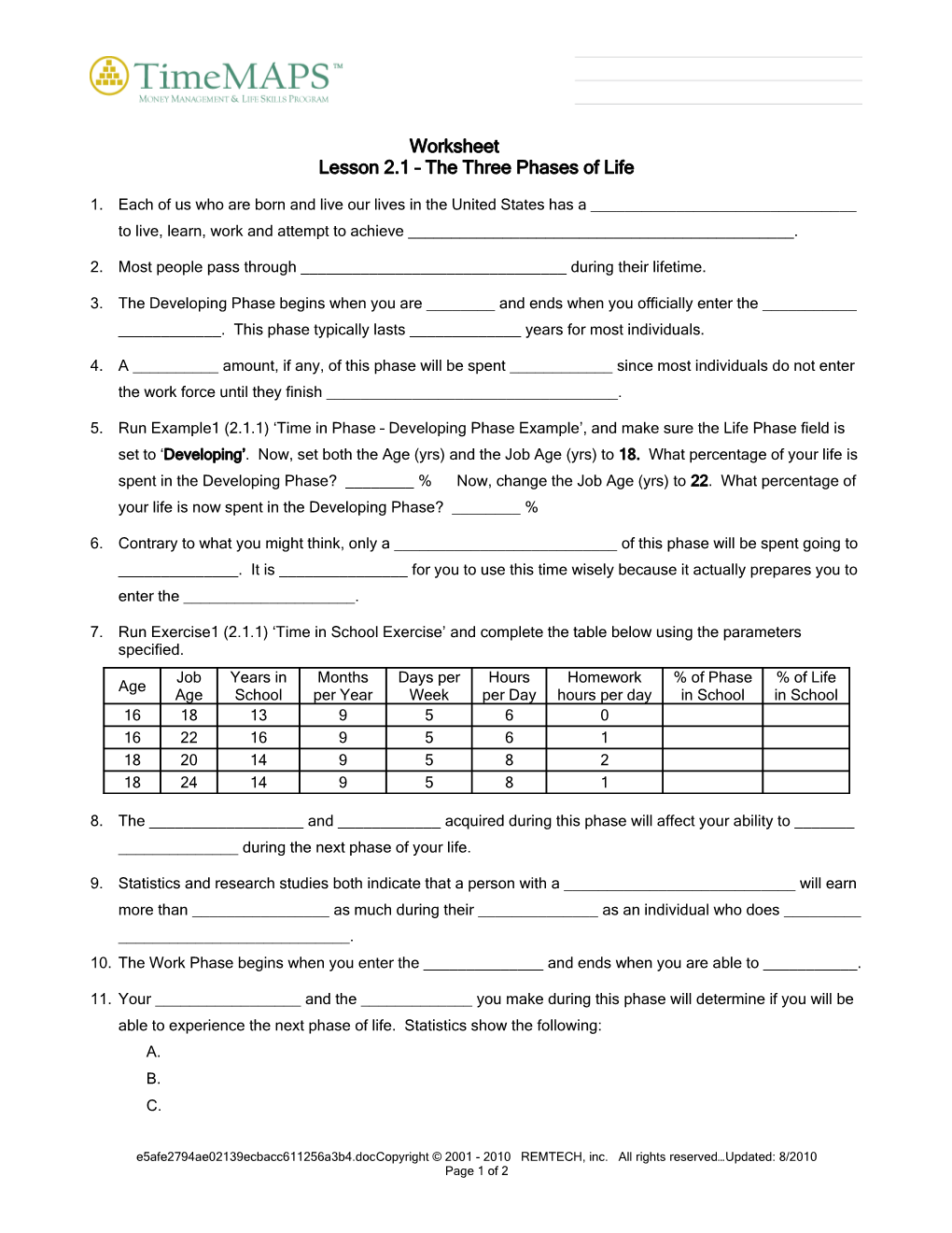 Timemaps Lesson 2.1 Worksheet