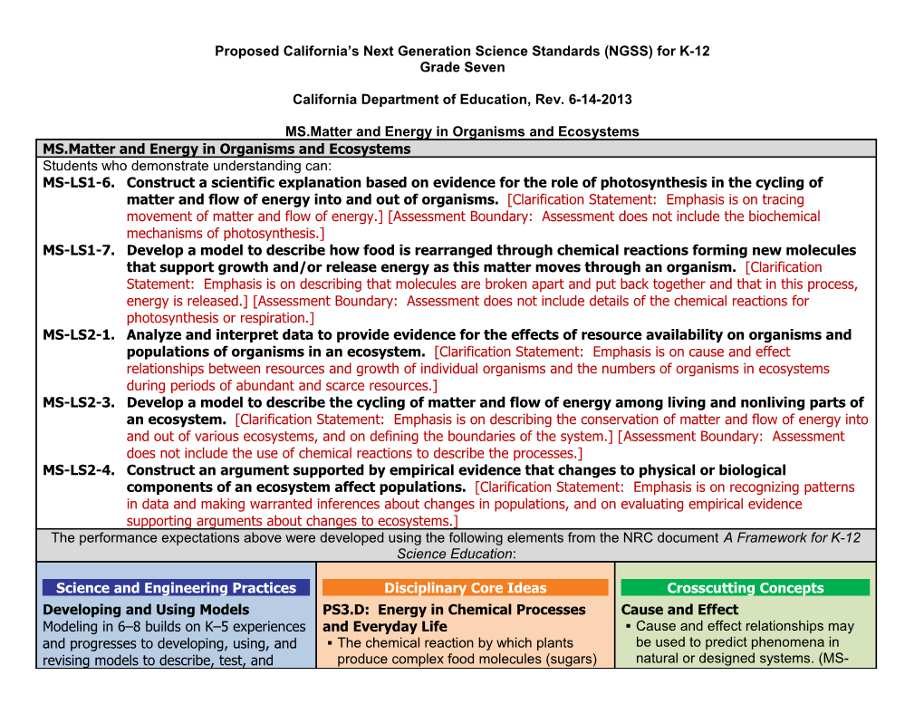 Proposed Grade 6 Standards - NGSS (CA Dept of Education)