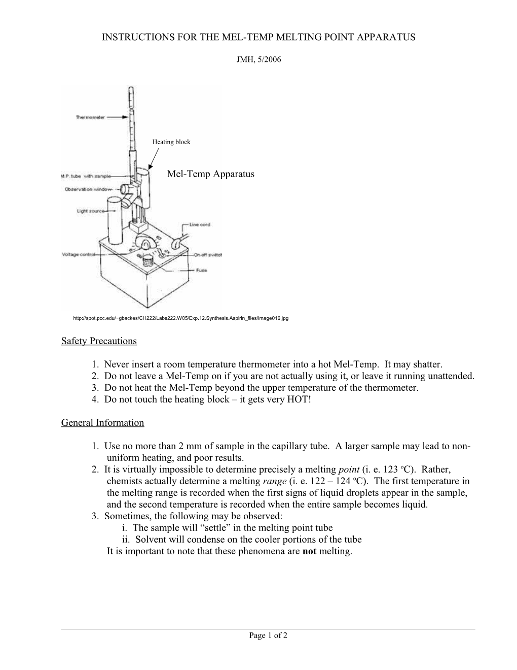 Instructions for the Mel-Temp Melting Point Apparatus