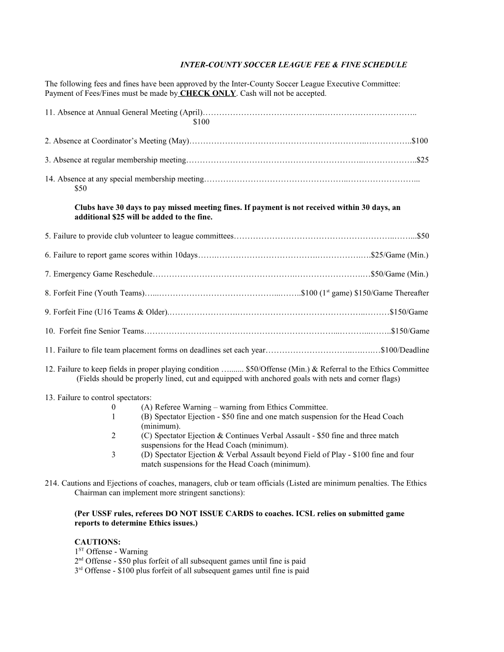Inter-Countysoccer League Fee & Fine Schedule