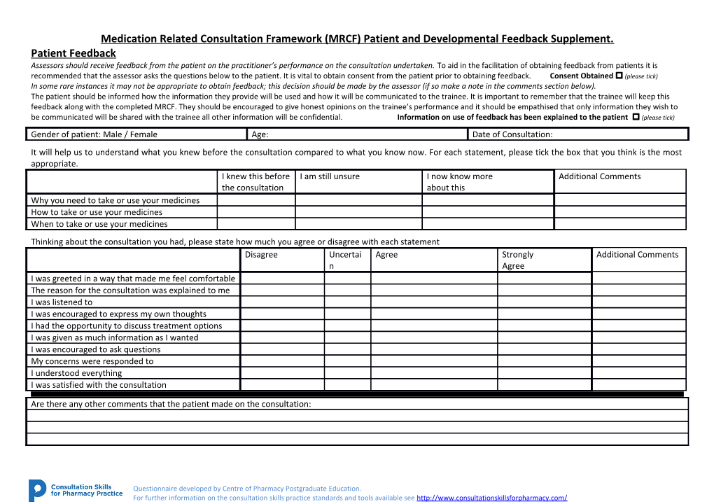 Medication Related Consultation Framework (MRCF) Patient and Developmental Feedback Supplement