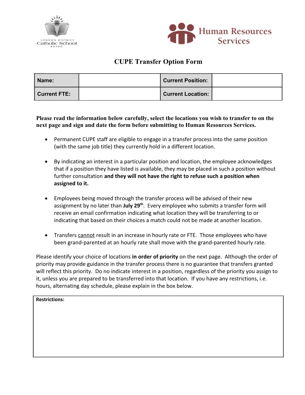 CUPE Transfer Option Form