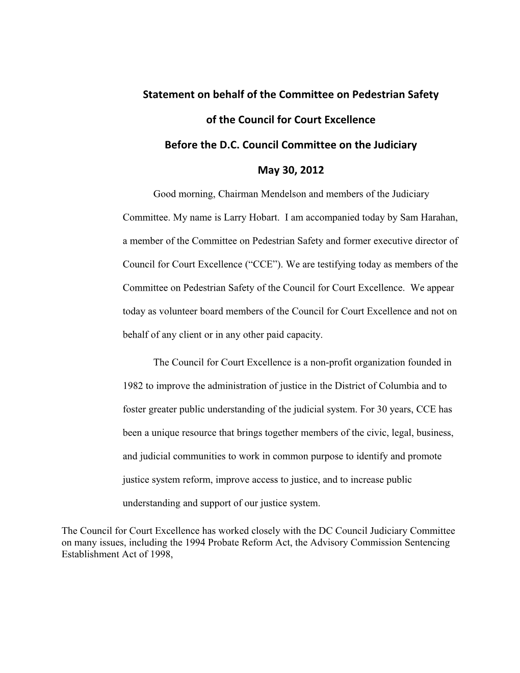 Statement on Behalf of the Committee on Pedestrian Safety