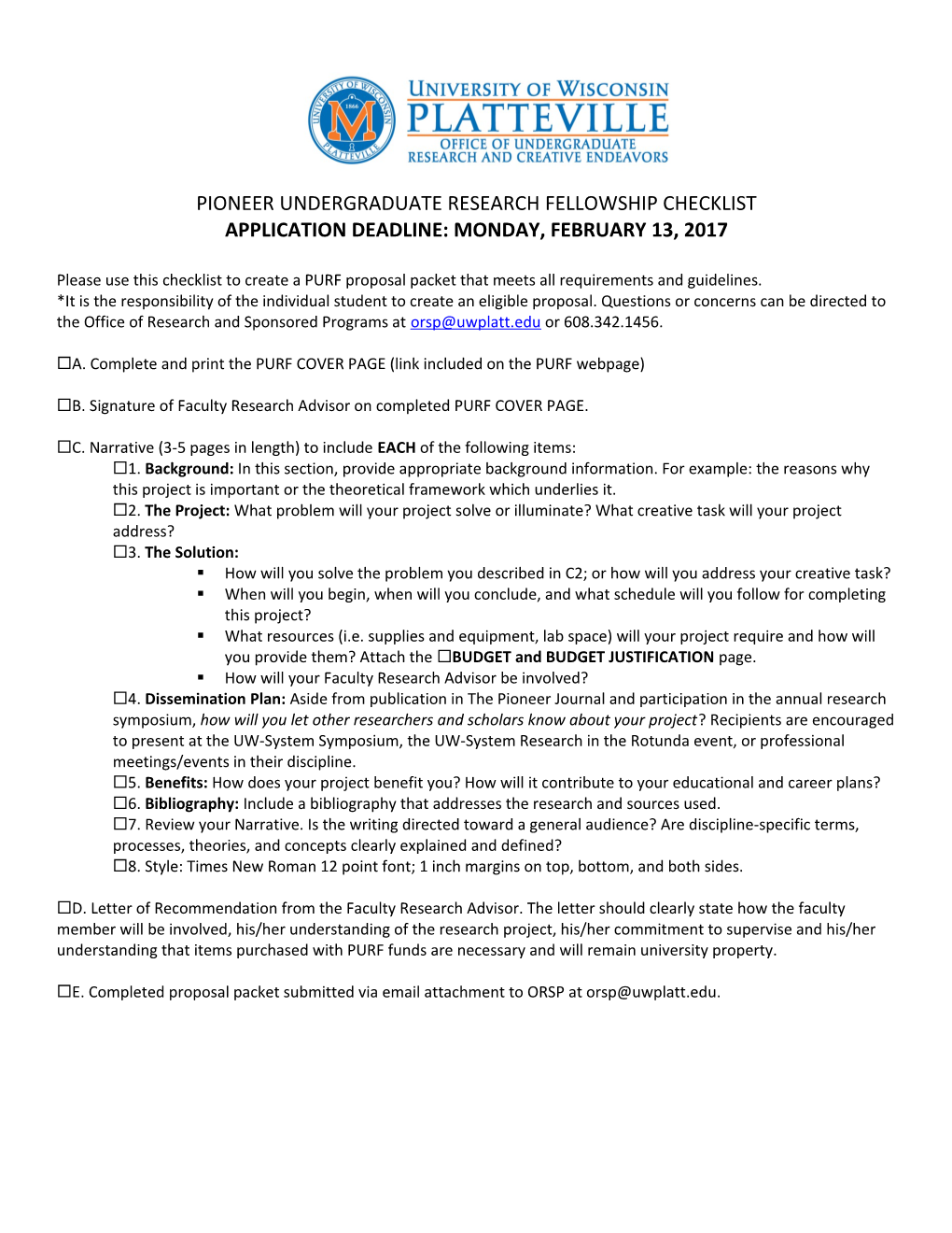 Pioneer Undergraduate Research Fellowshipchecklist