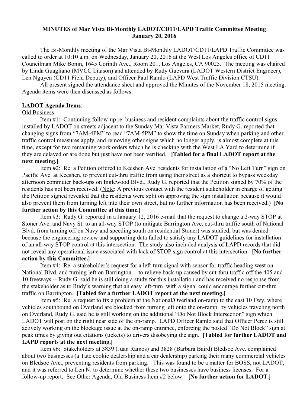 MINUTES of MVCC Liaison/LADOT/CD11 Meeting, January 09, 2008