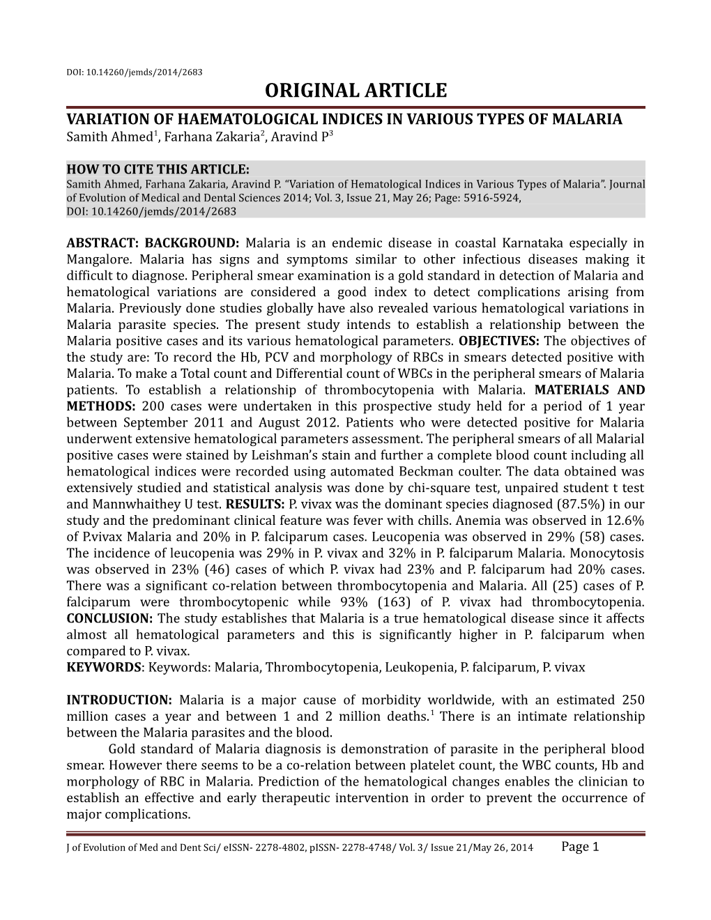 Variation of Haematological Indices in Various Types of Malaria