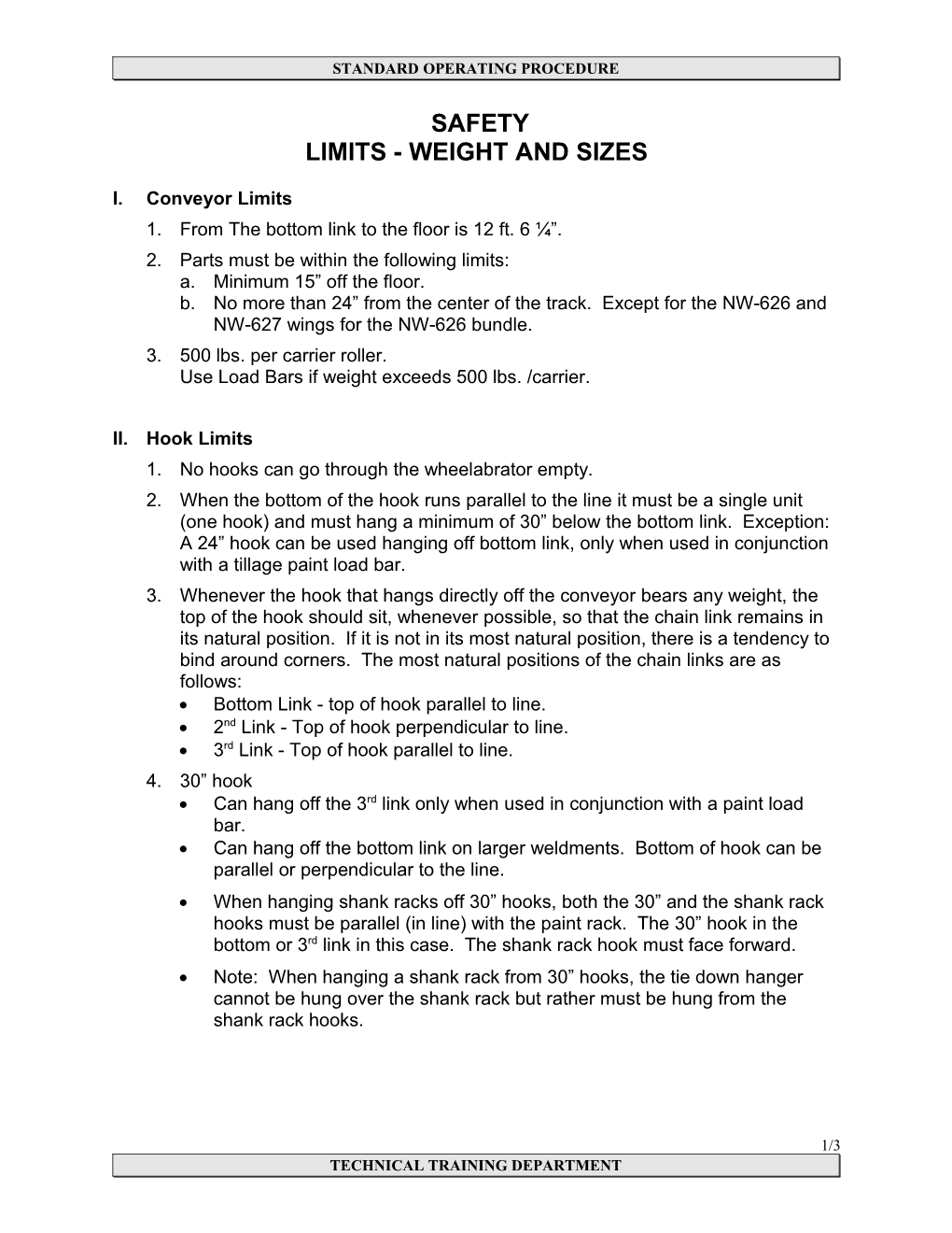 (Company) Safety Limits, Weights and Sizes