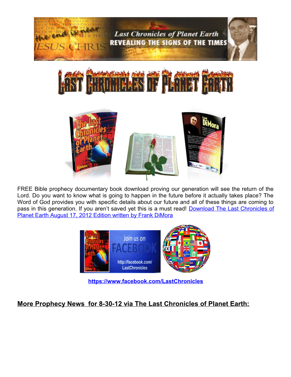 More Prophecy News For8-30-12 Via the Last Chronicles of Planet Earth