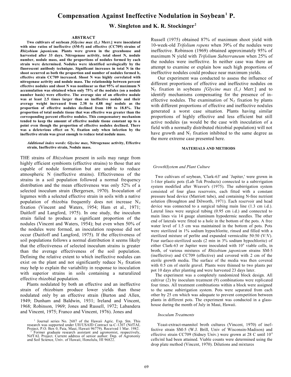 Compensation Against Ineffective Nodulation in Soybean1p. W. Singleton and K. R. Stockinger2