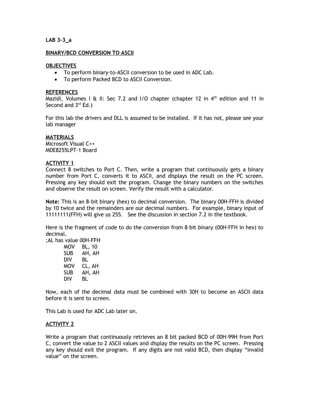 Binary/Bcd Conversion to Ascii