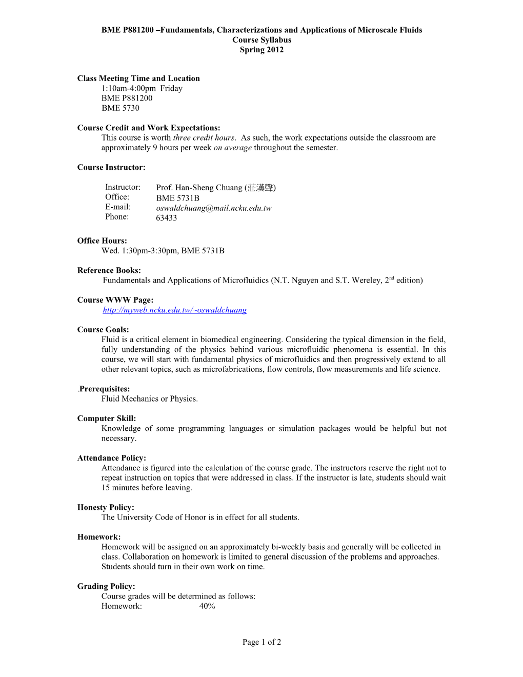 BME P881200 Fundamentals, Characterizations and Applications of Microscale Fluids