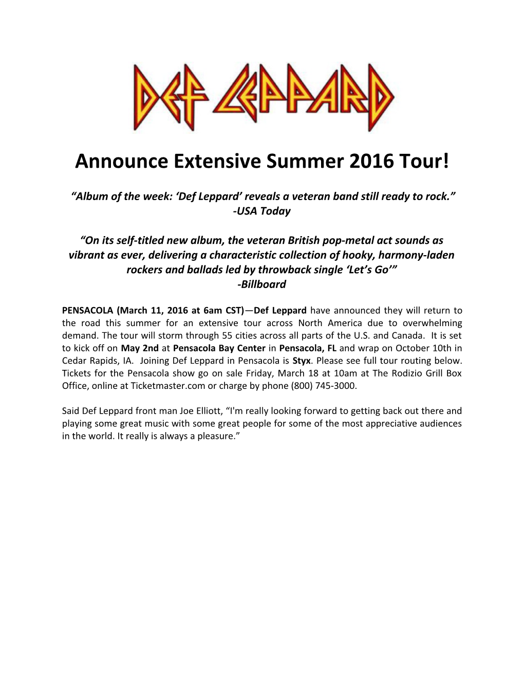 Announce Extensive Summer 2016 Tour!