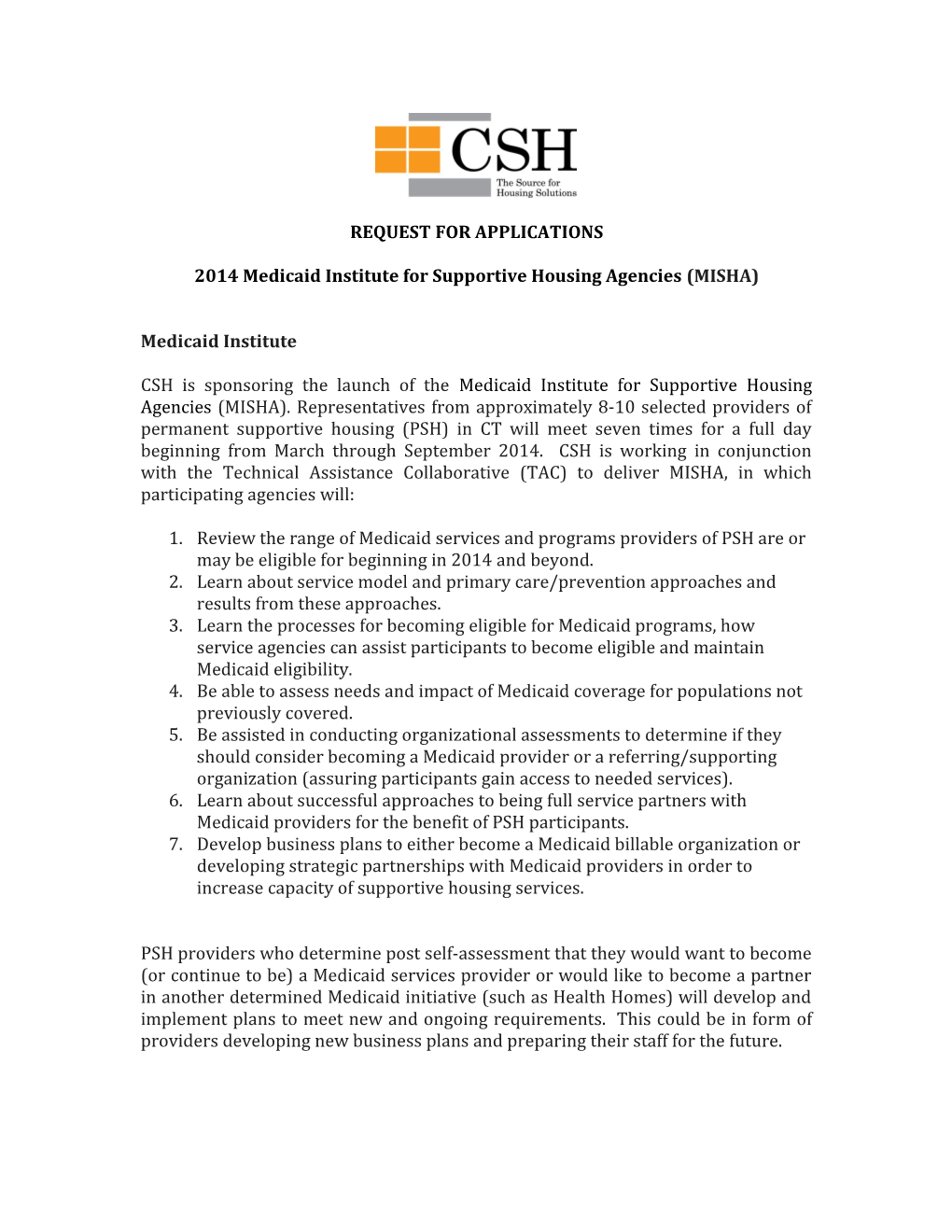 2014 Medicaid Institute for Supportive Housing Agencies (MISHA)