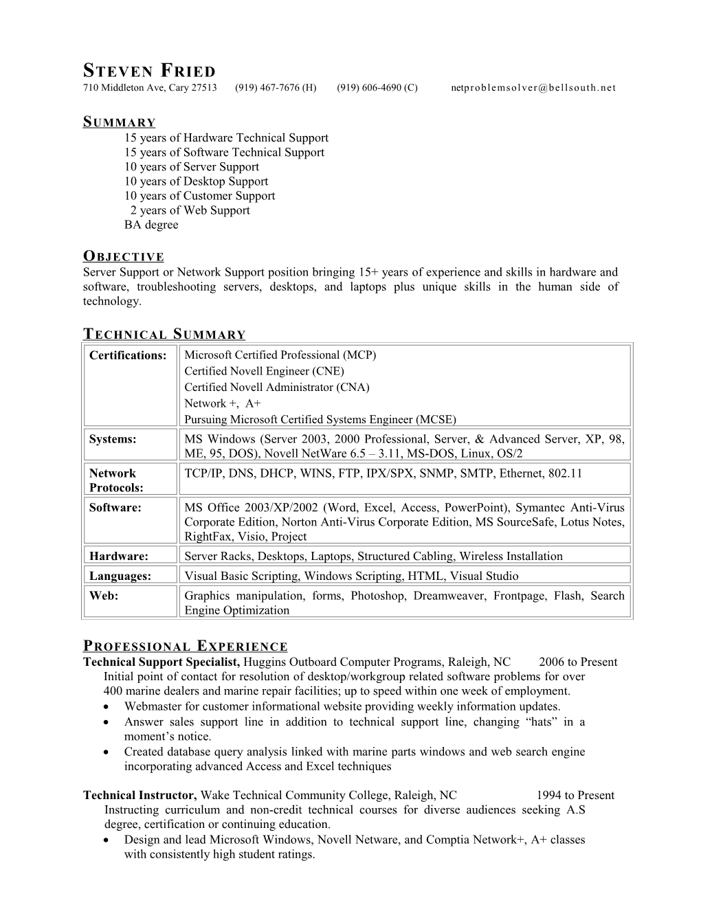 Resume Of: Steven Fried Page 2 of 2