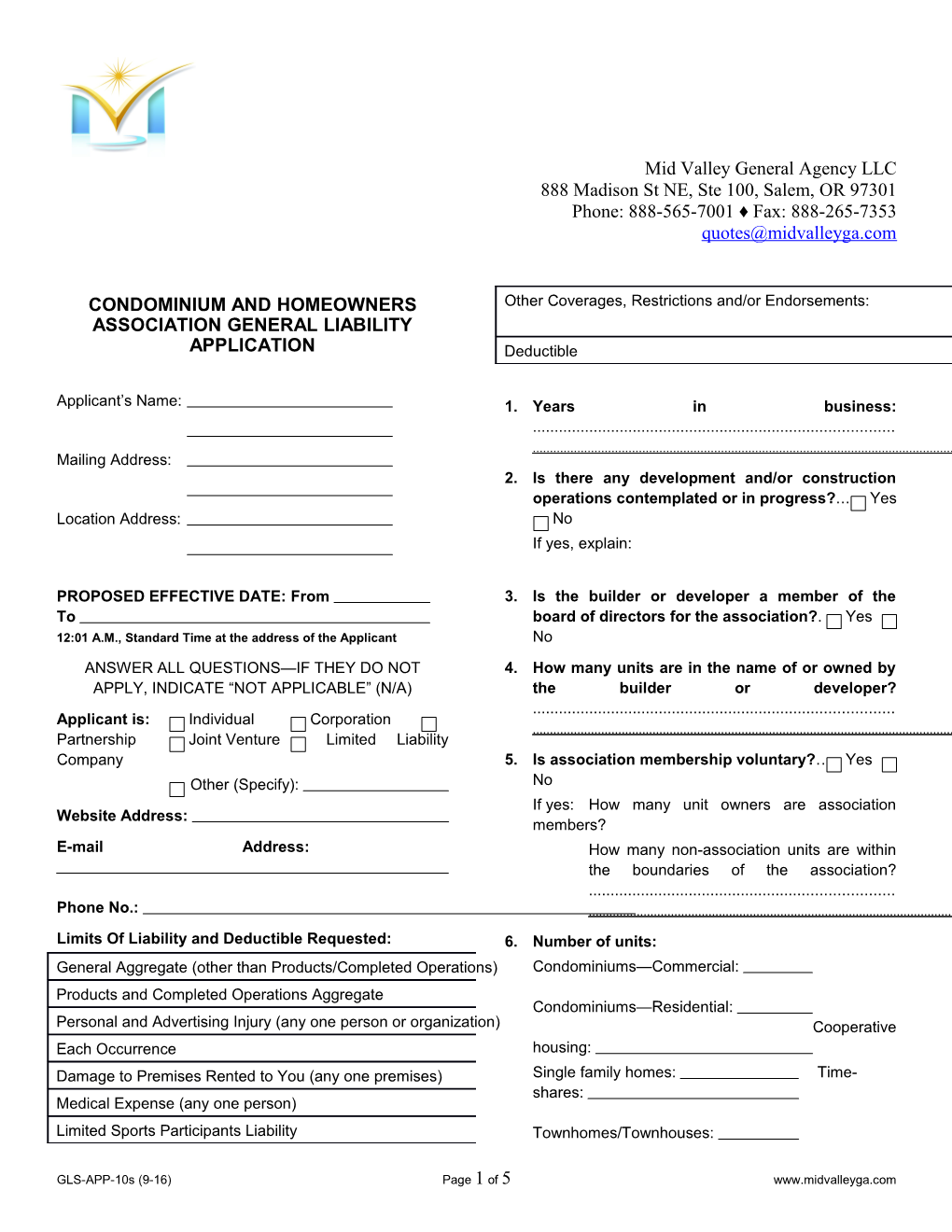 Condominium and Homeowners Association General Liability Application