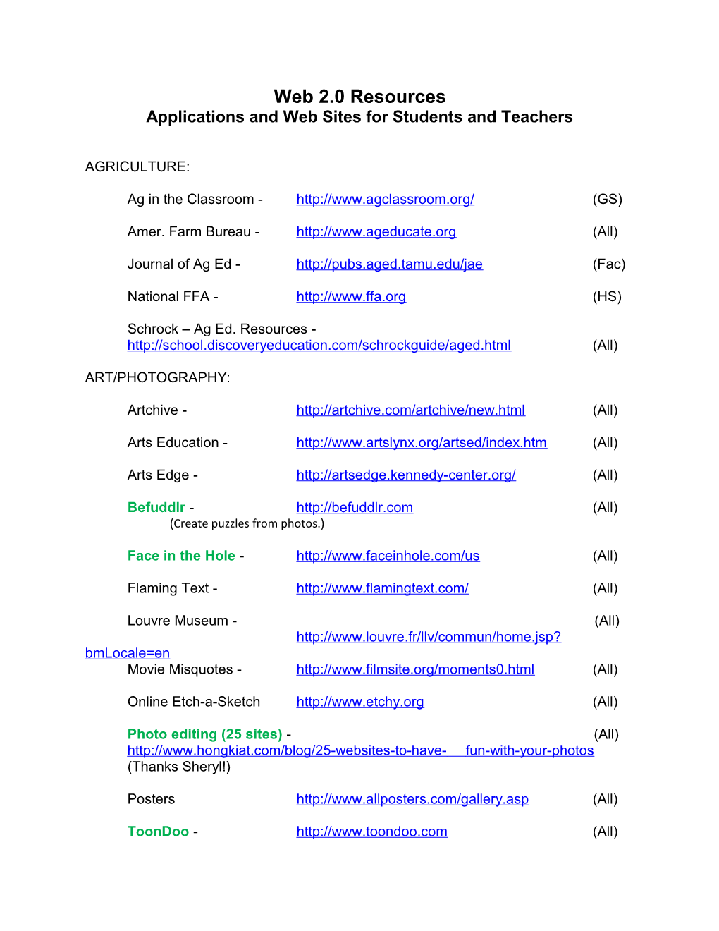 Applications and Web Sites for Students and Teachers
