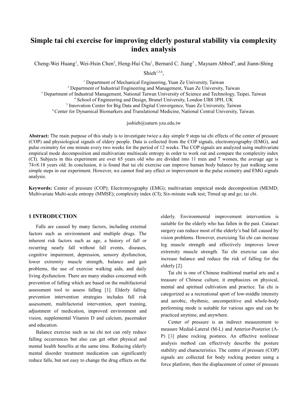 Simpletai Chi Exercise for Improving Elderly Postural Stability Via Complexity Index Analysis