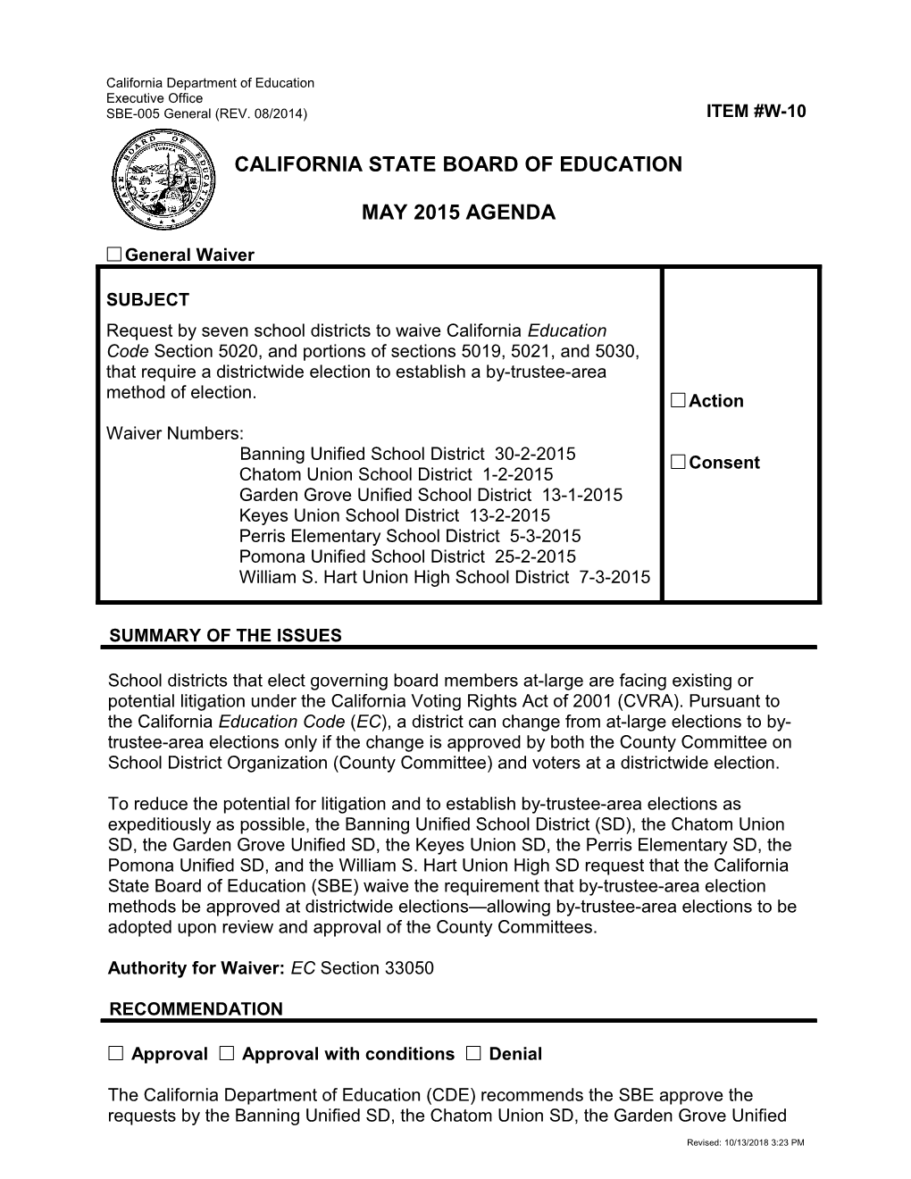 May 2015 Waiver Item W-10 - Meeting Agendas (CA State Board of Education)