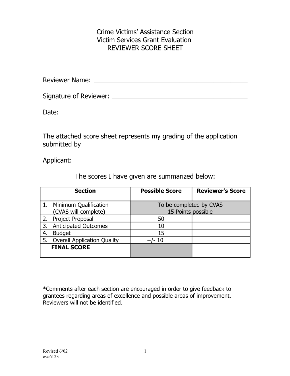 2002 Reviewer Score Sheet