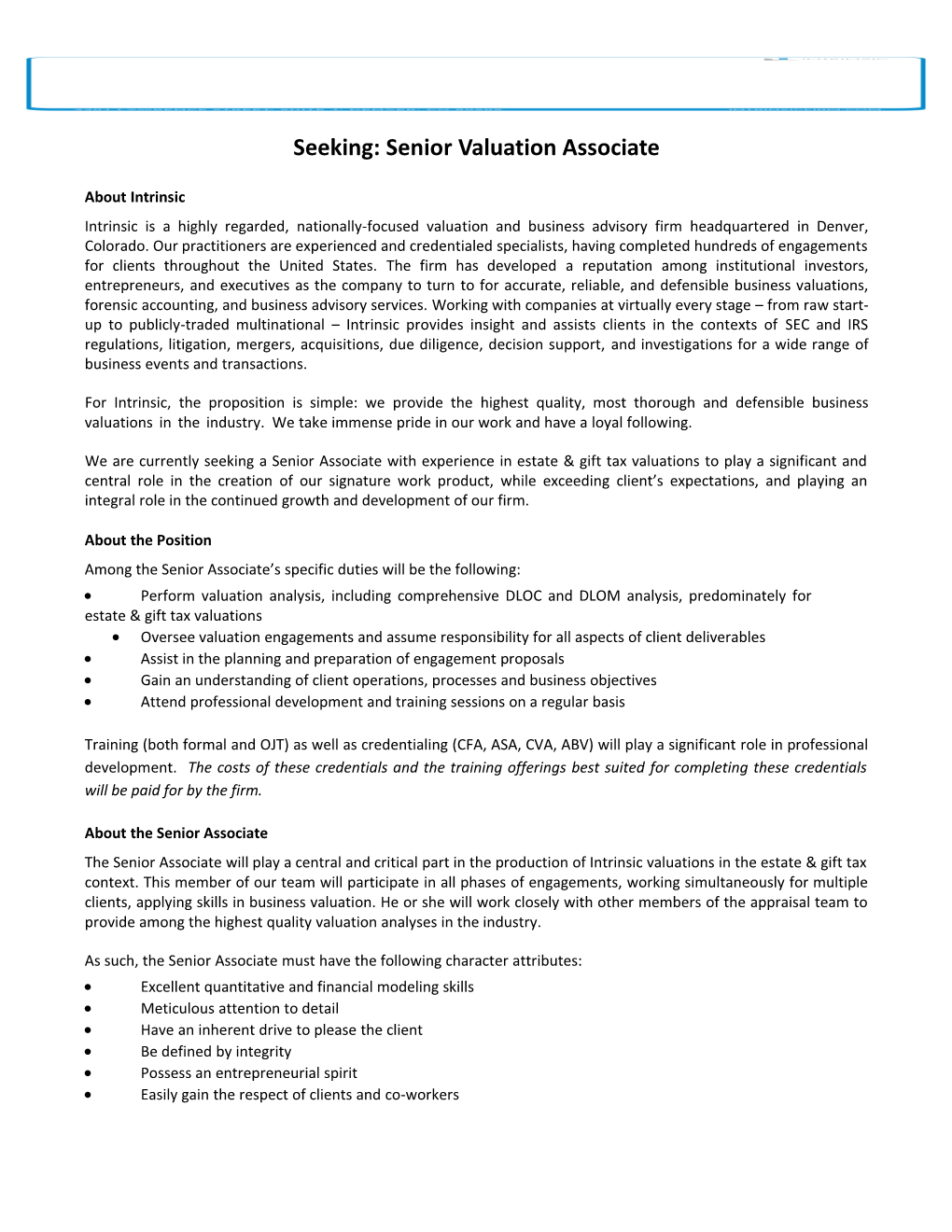 Seeking:Senior Valuation Associate