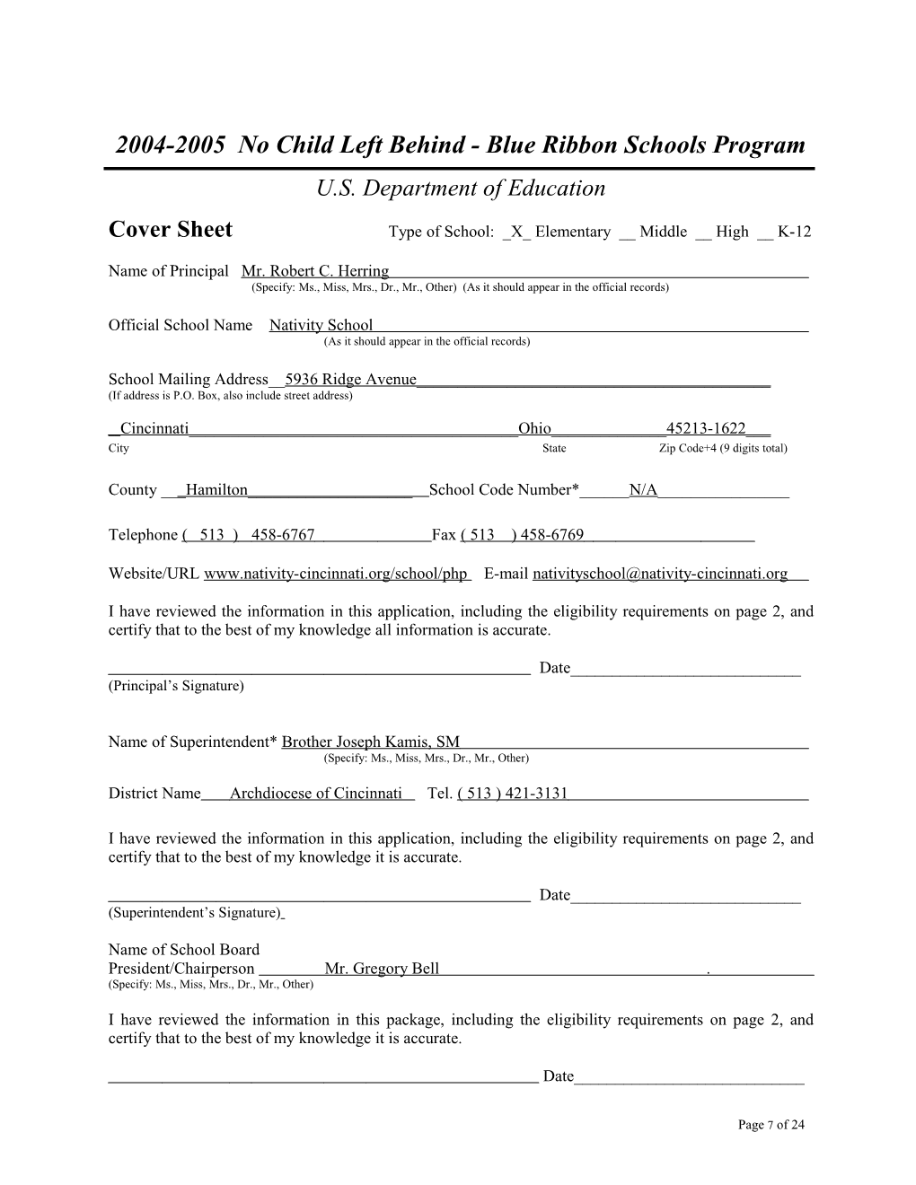 Nativity School Application: 2004-2005, No Child Left Behind - Blue Ribbon Schools Program