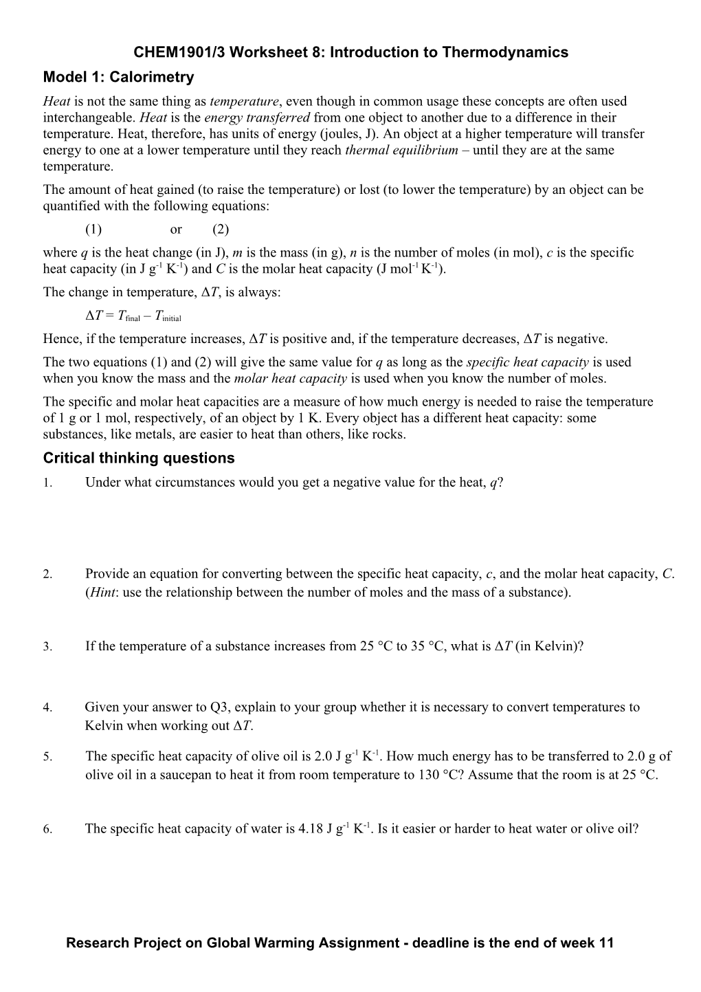 CHEM1901/3Worksheet 8: Introduction to Thermodynamics