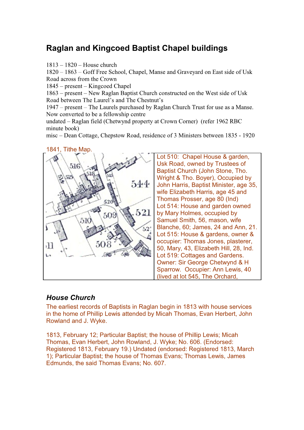 Raglan and Kingcoed Baptist Chapel History of Buildings