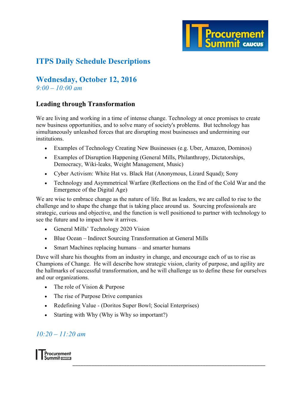 ITPS Daily Schedule Descriptions
