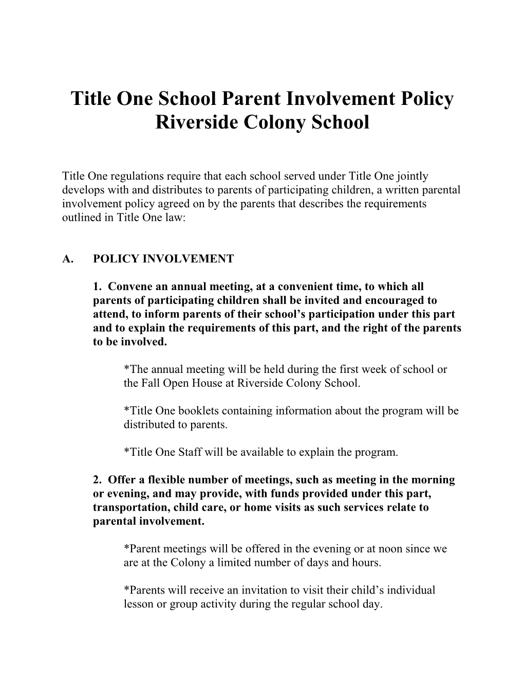Title One School Parental Involvement Policy