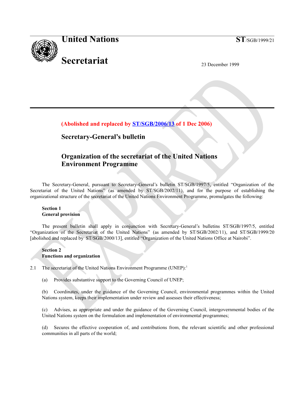 Organization of the Secretariat of the United Nations Environment Programme