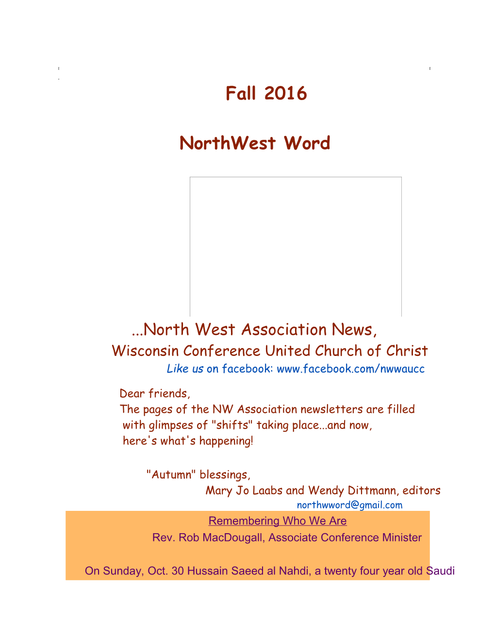 News from Northwest Wisconsin Association UCC