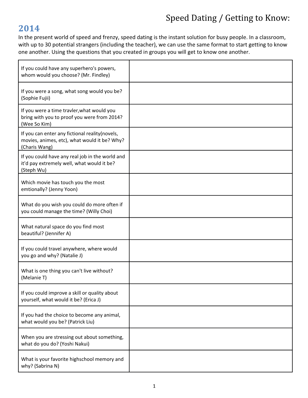 Speed Dating / Getting to Know