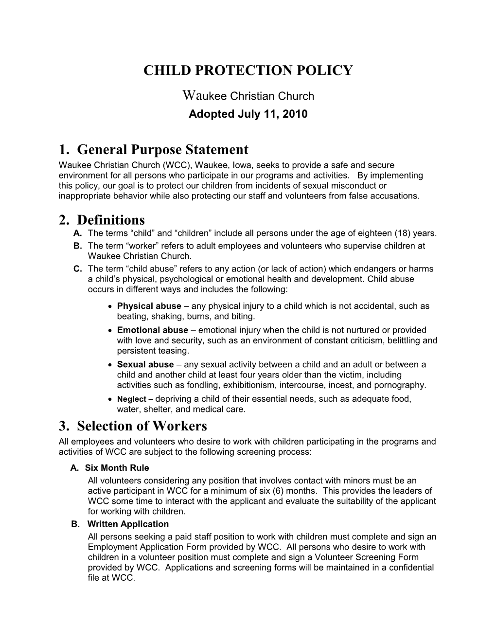 Child/Youth Protection Policy Form (Customizable)