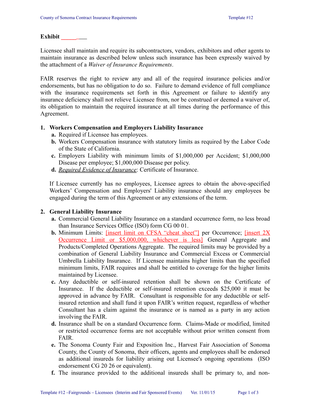 County of Sonoma Contract Insurance Requirements Template #12
