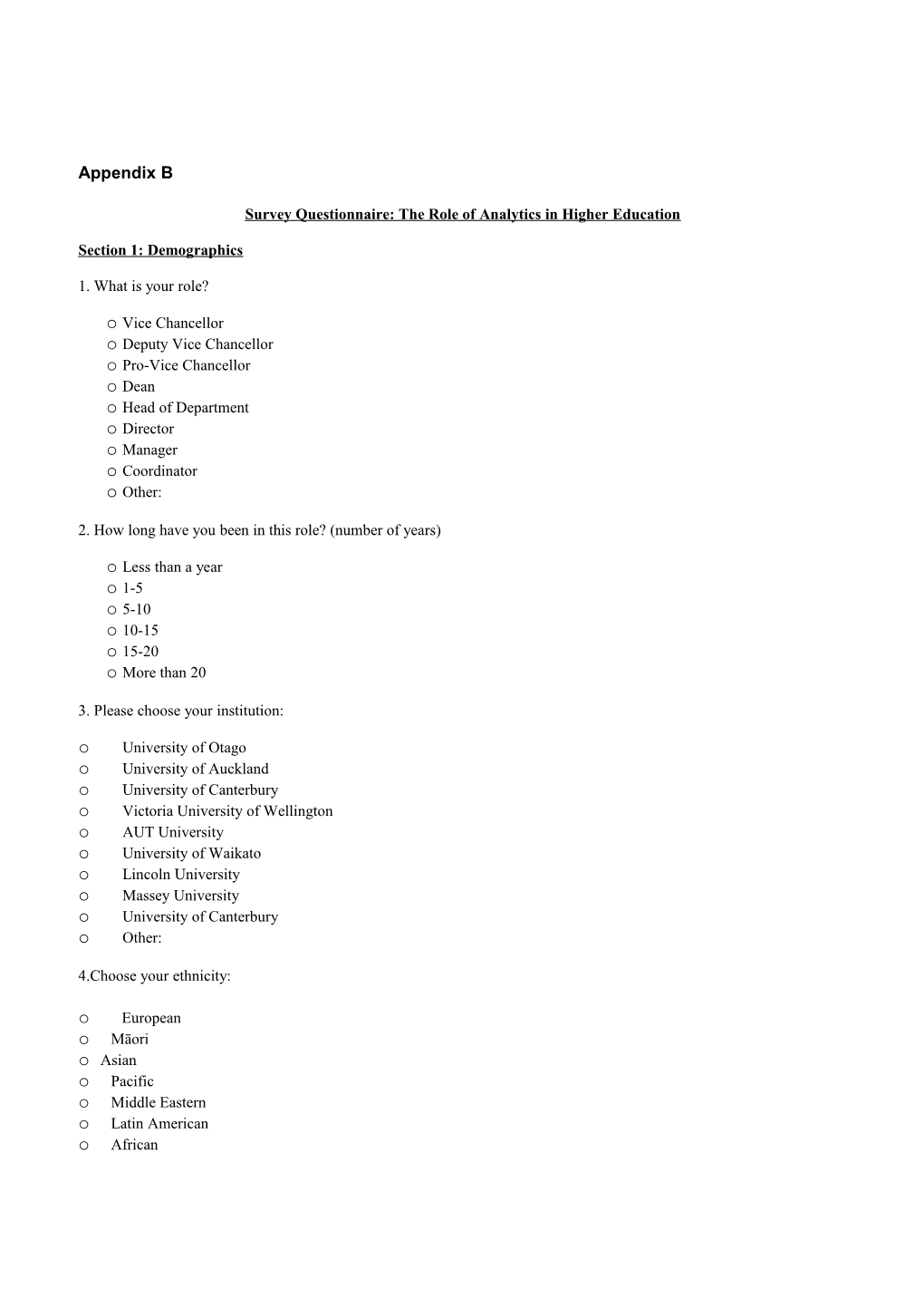 Survey Questionnaire: the Role of Analytics in Higher Education