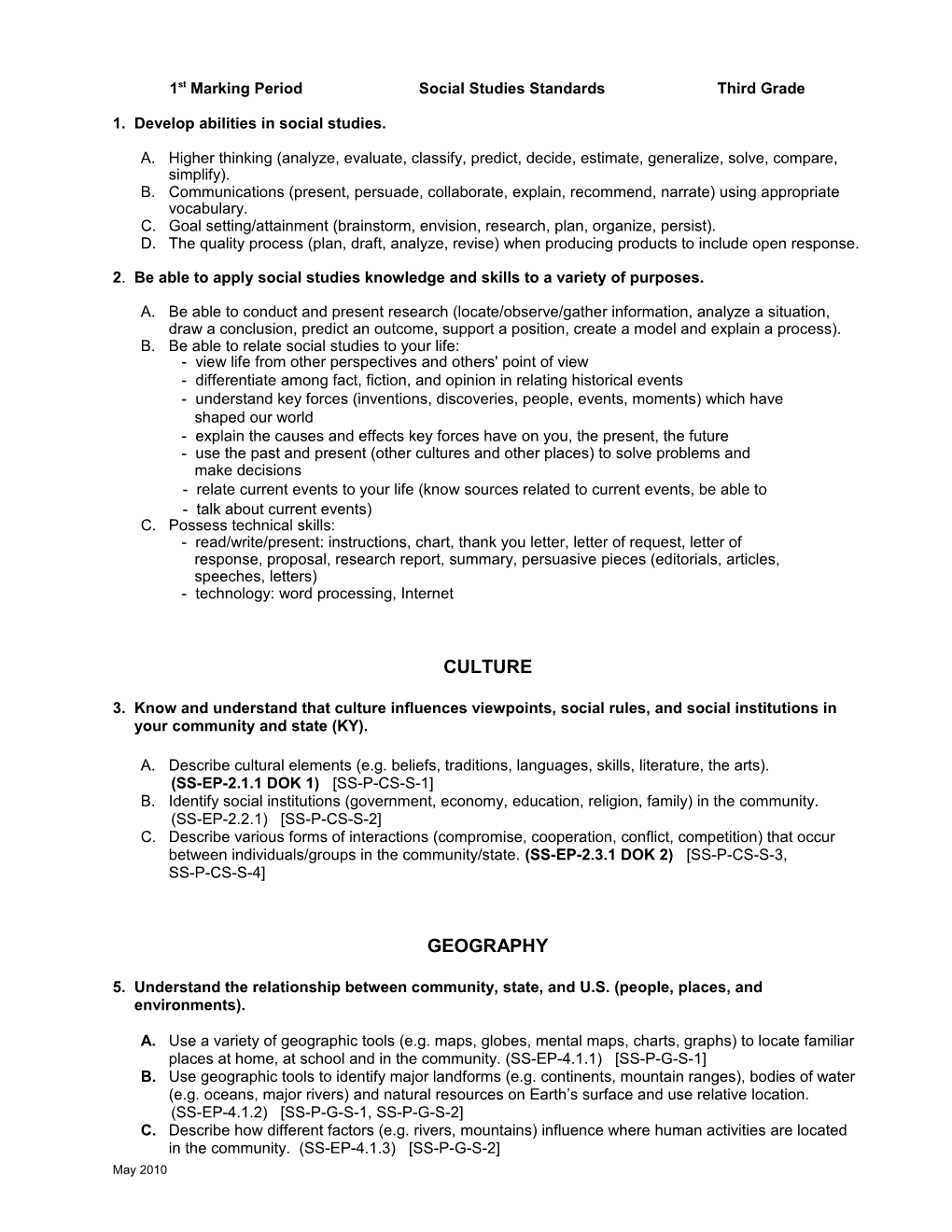 First Marking Period Social Studies Standards Third Grade