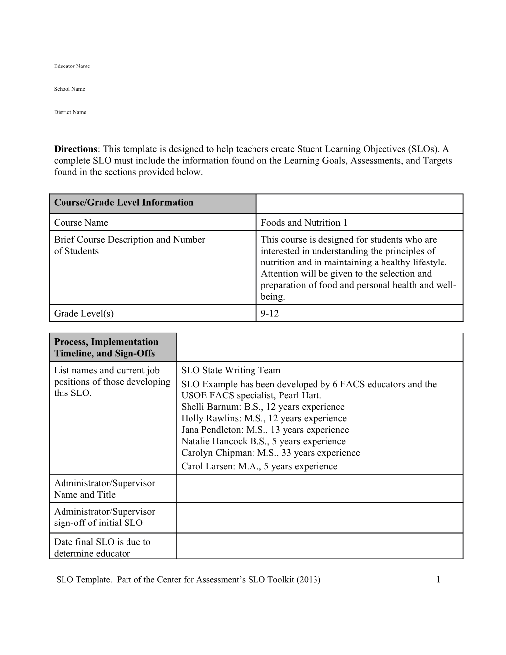 Directions: This Template Is Designed to Help Teachers Create Stuent Learning Objectives