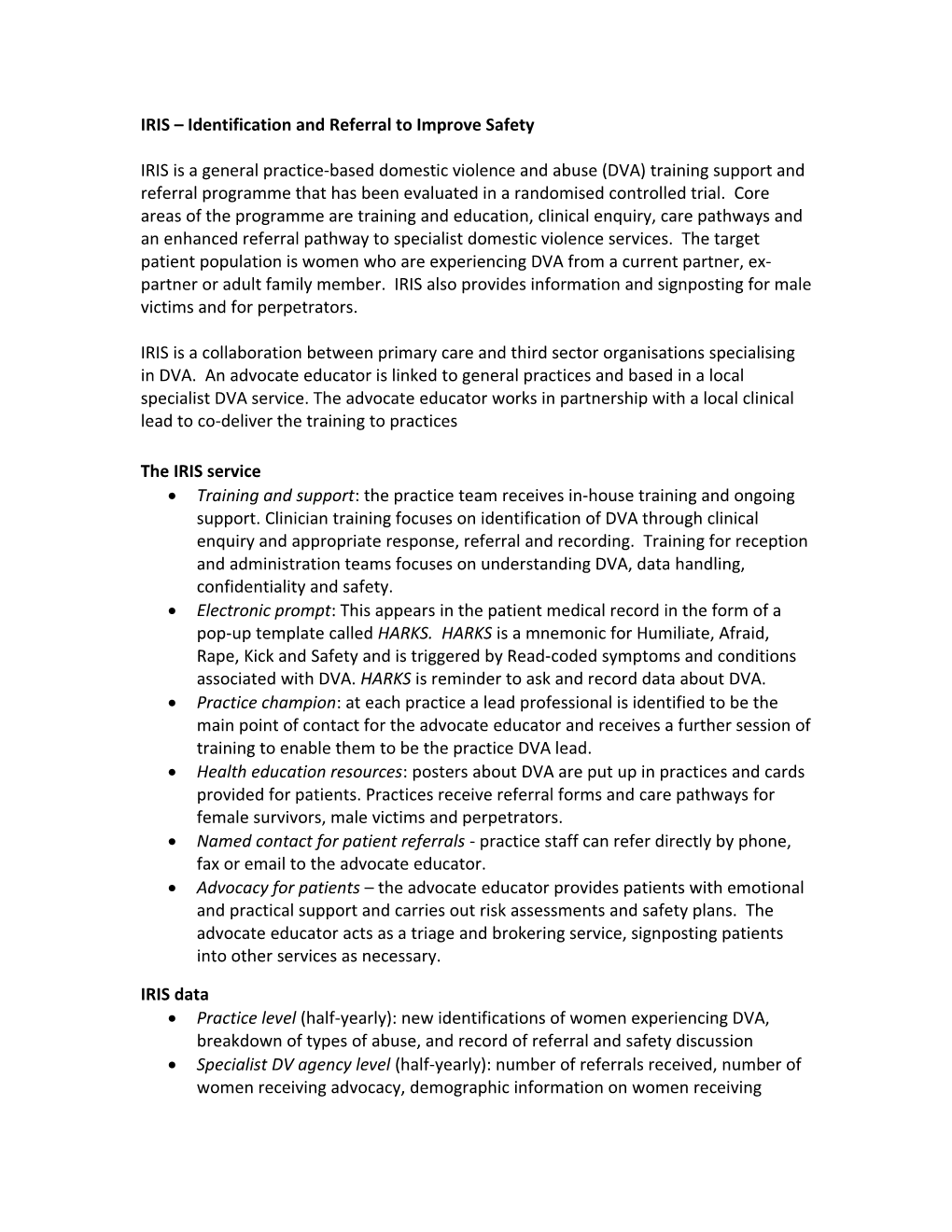 IRIS Identification and Referral to Improve Safety