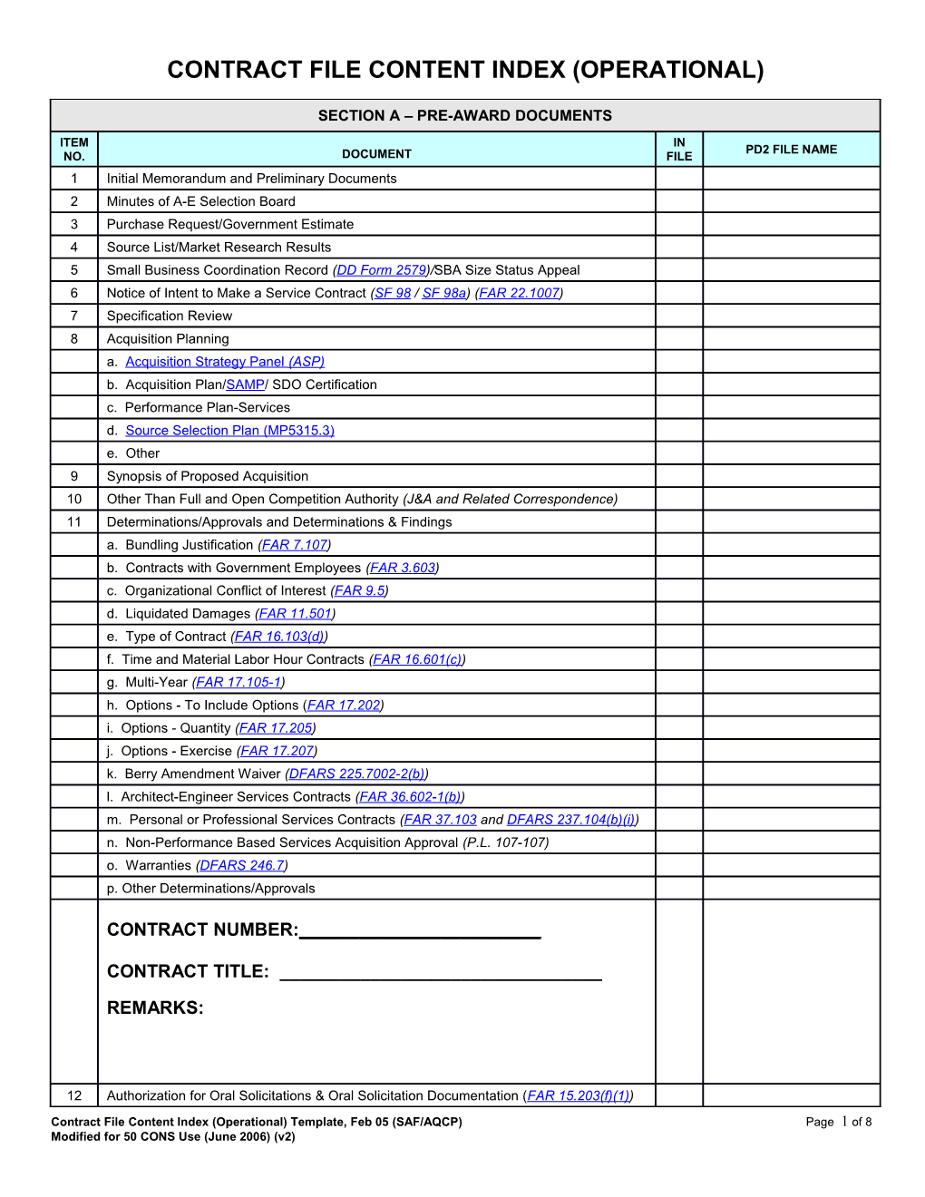 Afmc Contract Folder Index Section a Pre-Award Documents