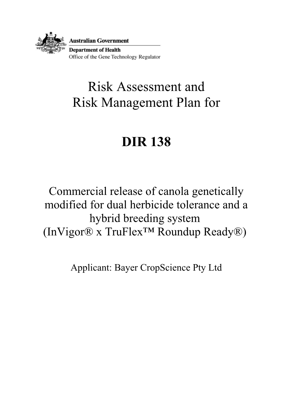 DIR 138 - Risk Assessment & Risk Management Plan