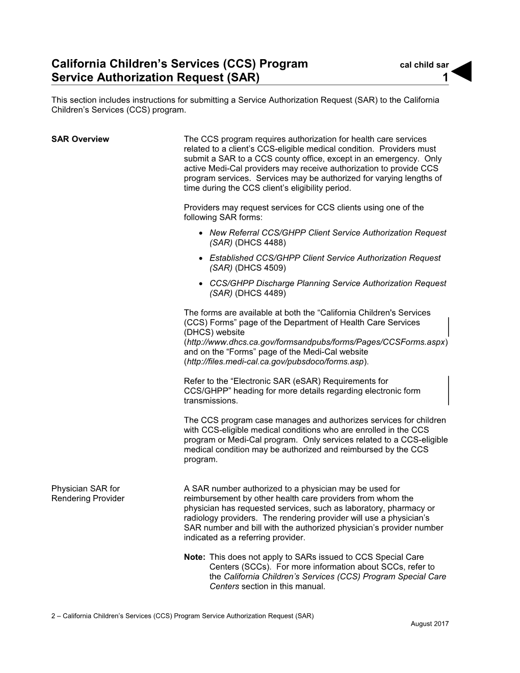 California Children's Services (CCS) Program Service Authorization Request (SAR) (Cal Child Sar)