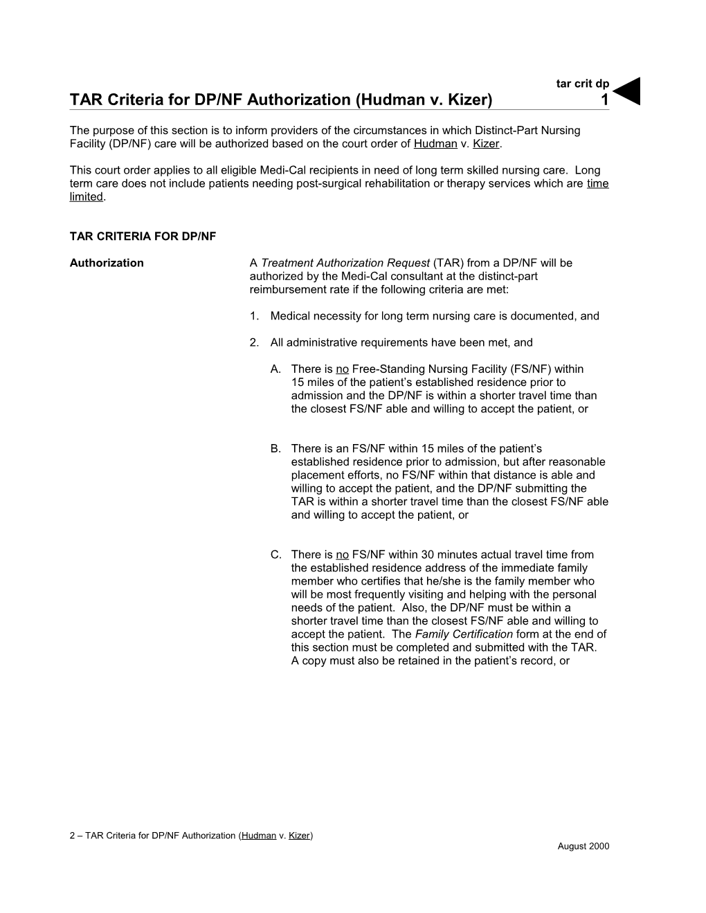 TAR Criteria for DP/NF Authorization (Hudman V. Kizer) (Tar Crit Dp)